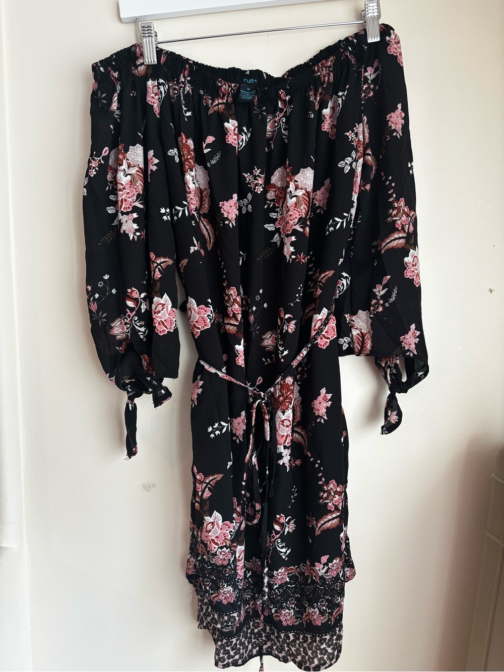 Rue21 Black Off The Shoulder Floral Midi Dress with Pink Blooms